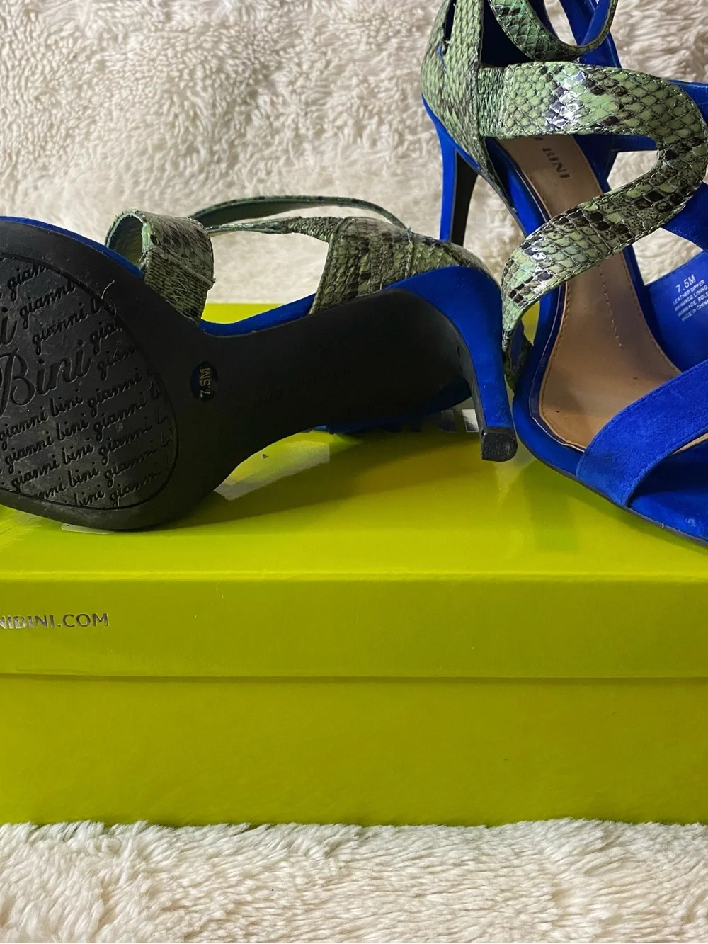 Gianni Bini Royal Blue Heels with Green Snake-Print Straps